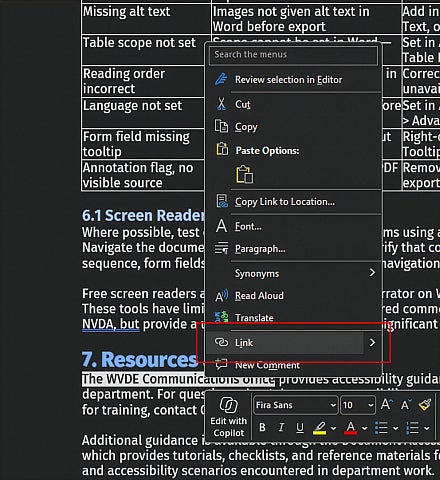 Screenshot: Word right click menu on selected text, with the Link option selected.