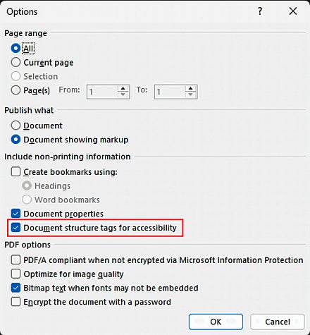 Save as PDF options in Word.  Document structure tags for accessibility choice is highlighted and checked.