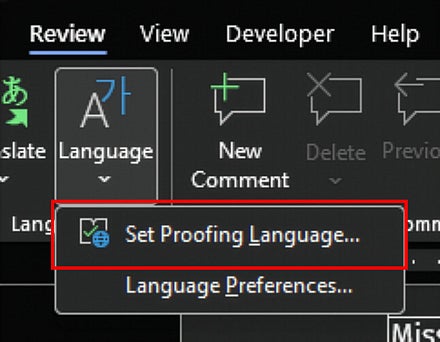 Screenshot: Word Review tab Language menu showing Set Proofing Language option