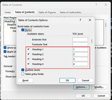 Screenshot: Word custom table of contents options, showing custom choices for heading levels and additional choices