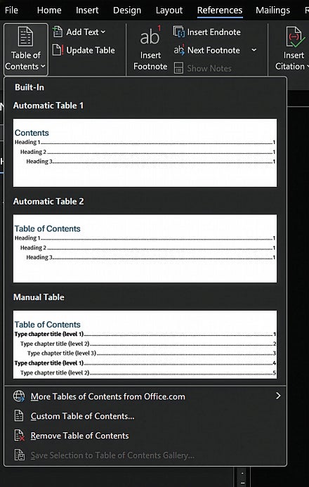 Screenshot: Word References tab with Table of Contents dropdown showing automatic TOC options