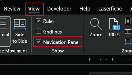 Word on pc, view tab, navigation pane chosen