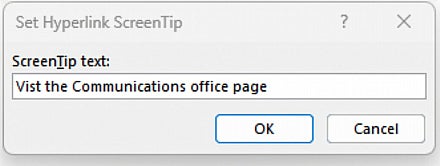 Screenshot: Web link Screentip modal showing "Visit the Communications office page" text
