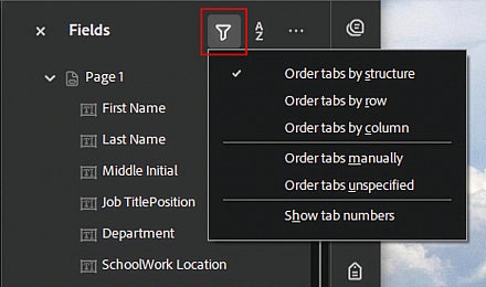 Screenshot: Fields panel with the tab order button outlined