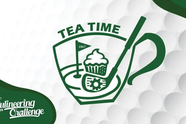 Tea Time Culineering Challenge. A cupcake, flag, and golf club are inside of a coffee mug.