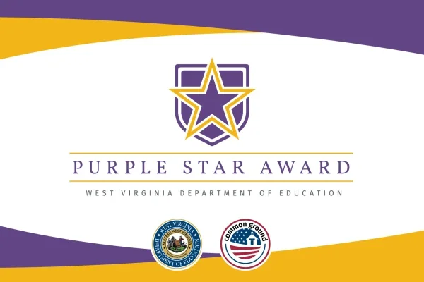 A graphic with the words "Purple Star Award West Virginia Department of Education" on it. 