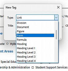 Screenshot: Adobe create tag tool with Form selected