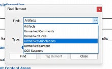 Screenshot: Adobe find modal window open, with Unmarked Annotations selected