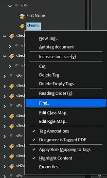 Screenshot: Find content selection active on right click modal choices