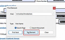 Screenshot: Adobe Acrobat find modal window, with the tag element button highlighted