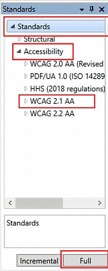 CommonLook Standards modal window showing WCAG 2.1 AA selected