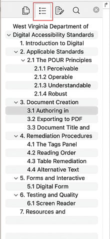 Mac navigation pane, document map icon chosen
