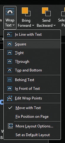Screenshot: Word image wrapping options menu showing Top and Bottom and In Line with Text options