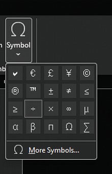 [Screenshot: Word Insert Symbol dialog with division sign selected