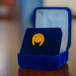 Pictured is a Golden Horseshoe pin inside a jewelry box.