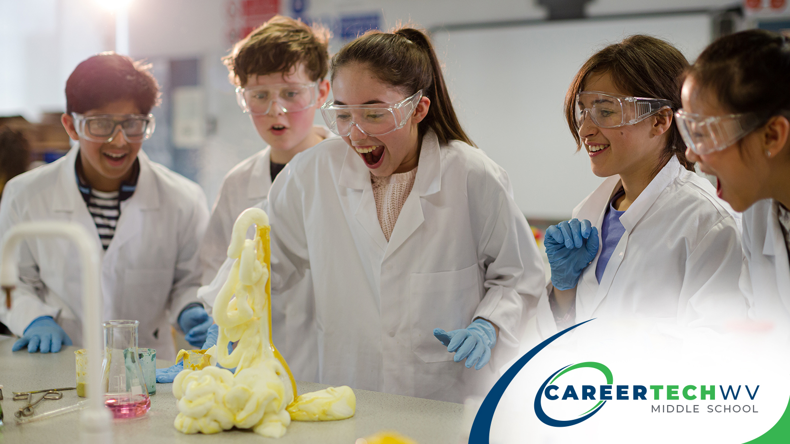 Surprised students conducting exploding foam scientific experiments.
