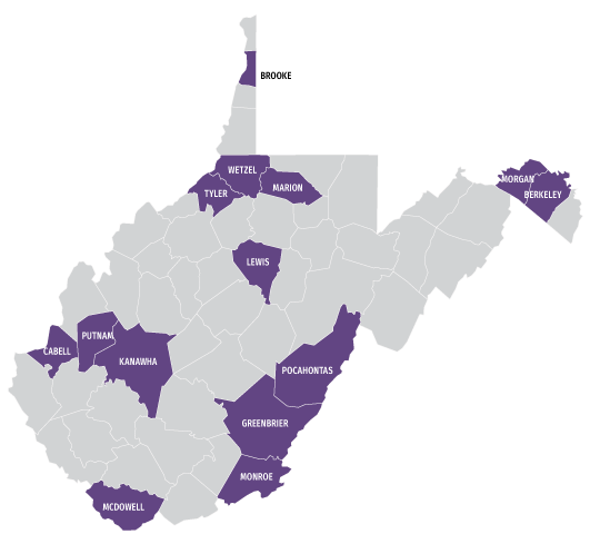 Map of Purple Star Recipient locations - see chart for list of counties