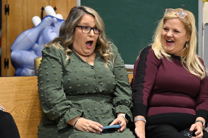 Photo of Jenna Hamrick - reacting to the notification that she is winner of the 2023 Milken Educator Award in Putnam County