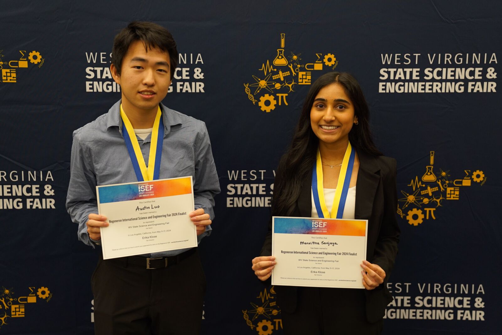 Austin Luo (Morgantown High School) and Manvitha Sanjaya (George Washington High School) at the 2024 State Science and Engineering Fair